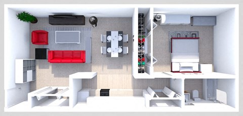 a 3d rendering of a bedroom with a living room